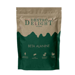 Beta-alanine powder in a Dextro Delight pouch, front view