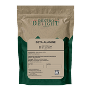Dextro Delight beta-alanine powder label with ingredient and storage details