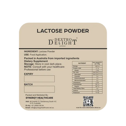Dextro Delight lactose powder label with ingredient and storage details