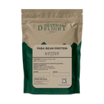 Dextro Delight faba bean protein label with ingredient and storage details