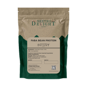 Dextro Delight faba bean protein label with ingredient and storage details
