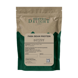 Dextro Delight faba bean protein label with ingredient and storage details