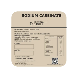 Dextro Delight sodium caseinate label with ingredient and storage details
