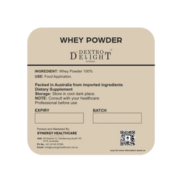 Dextro Delight whey powder label with ingredient and storage details