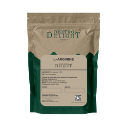 Dextro Delight L-arginine powder label with ingredient and storage details