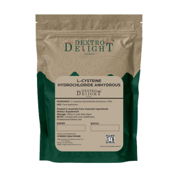 Dextro Delight L-cysteine hydrochloride label with ingredient and storage details