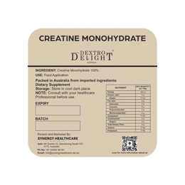 Dextro Delight creatine monohydrate label with ingredient and storage details