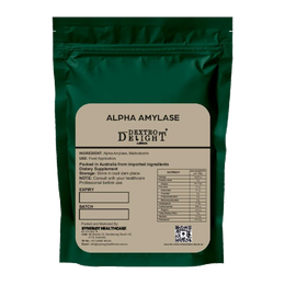 Dextro Delight alpha amylase enzyme (E1100) label with ingredient and storage details