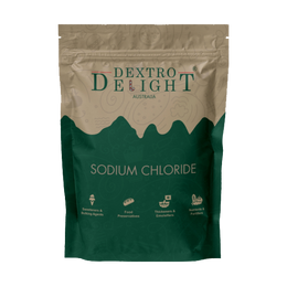 Ultrapure vacuum salt (sodium chloride) in a Dextro Delight pouch, front view