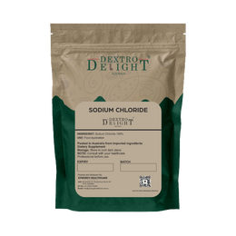 Dextro Delight ultrapure vacuum salt (sodium chloride) label with ingredient and storage details