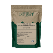 Dextro Delight vitamin B5 (D-calcium pantothenate) label with ingredient and storage details