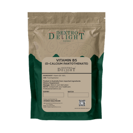 Dextro Delight vitamin B5 (D-calcium pantothenate) label with ingredient and storage details