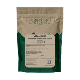 Dextro Delight vitamin B1 (thiamine hydrochloride) label with ingredient and storage details