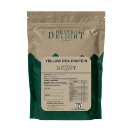 Dextro Delight Australian yellow pea protein 85% label with ingredient and storage details