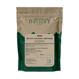 Dextro Delight MSM (methylsulfonylmethane) powder label with ingredient and storage details