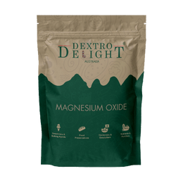 Magnesium oxide powder in a Dextro Delight pouch, front view