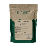 Dextro Delight omega-3 fish oil (EPA/DHA ethyl ester) label with ingredient and storage details