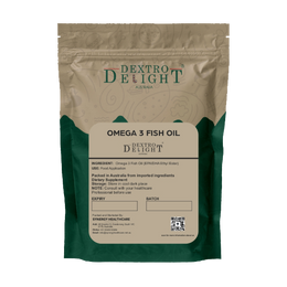 Dextro Delight omega-3 fish oil (EPA/DHA ethyl ester) label with ingredient and storage details