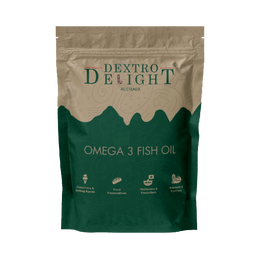 Omega-3 fish oil (EPA/DHA ethyl ester) in a Dextro Delight pouch, front view