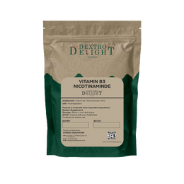 Dextro Delight vitamin B3 (nicotinamide / niacinamide) label with ingredient and storage details