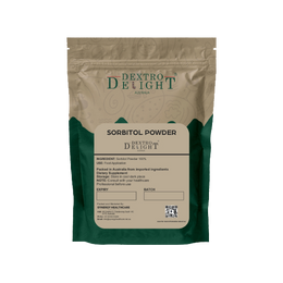Dextro Delight sorbitol powder label with ingredient and storage details