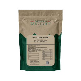 Dextro Delight psyllium husk 95% label with ingredient and storage details