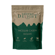 Micellar casein isolate in a Dextro Delight pouch, front view