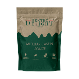 Micellar casein isolate in a Dextro Delight pouch, front view