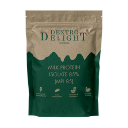 Milk protein isolate 85% (MPI 85) in a Dextro Delight pouch, front view