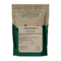Dextro Delight acesulfame K (E950) sweetener label with ingredient and storage details