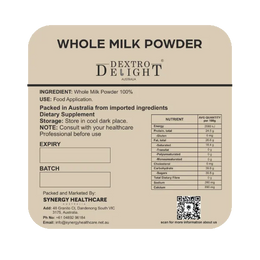 Dextro Delight whole milk powder label with ingredient and storage details