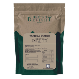 Dextro Delight tapioca starch label with ingredient and storage details