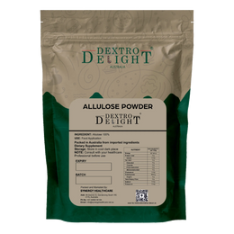Dextro Delight allulose powder label with ingredient and storage details