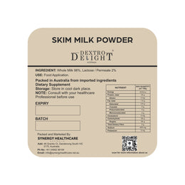 Dextro Delight skim milk powder label with ingredient and storage details
