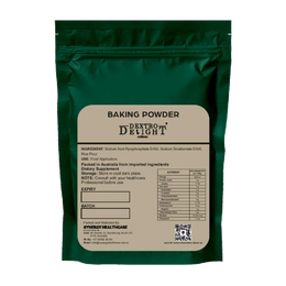 Dextro Delight double acting baking powder label with ingredient and storage details