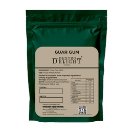 Dextro Delight guar gum powder E412 label with ingredient and storage details
