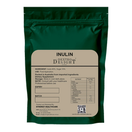 Dextro Delight inulin powder label with ingredient and storage details